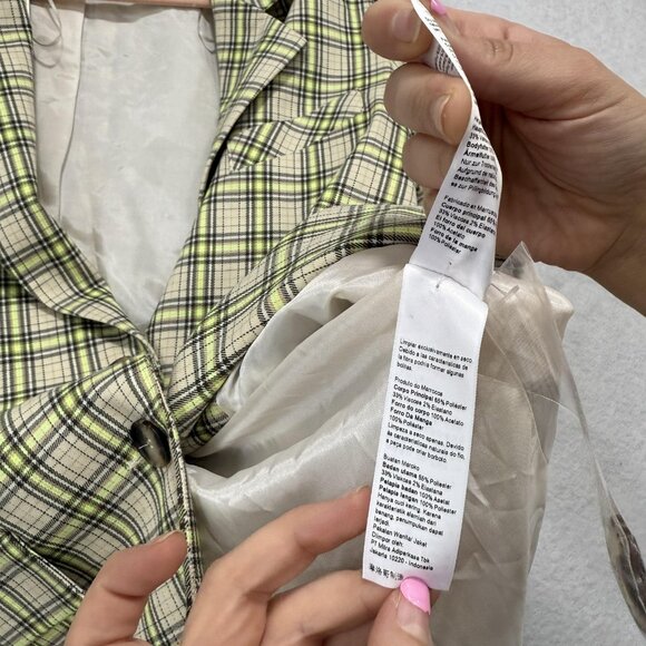 Topshop Blazer Womens US 2 Beige Neon Yellow Plaid Two Button Lined 17B17MULT - Picture 10 of 12